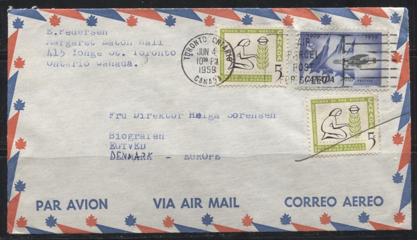 Canada #383, 385 5c Deep Ultramarine & Black & 5c Apple Green & Black Silver Dart & Kneeling Woman, 1959 Commemoratives,  June 1959 15c Airmail Cover to Denmark Franked With 3 Singles