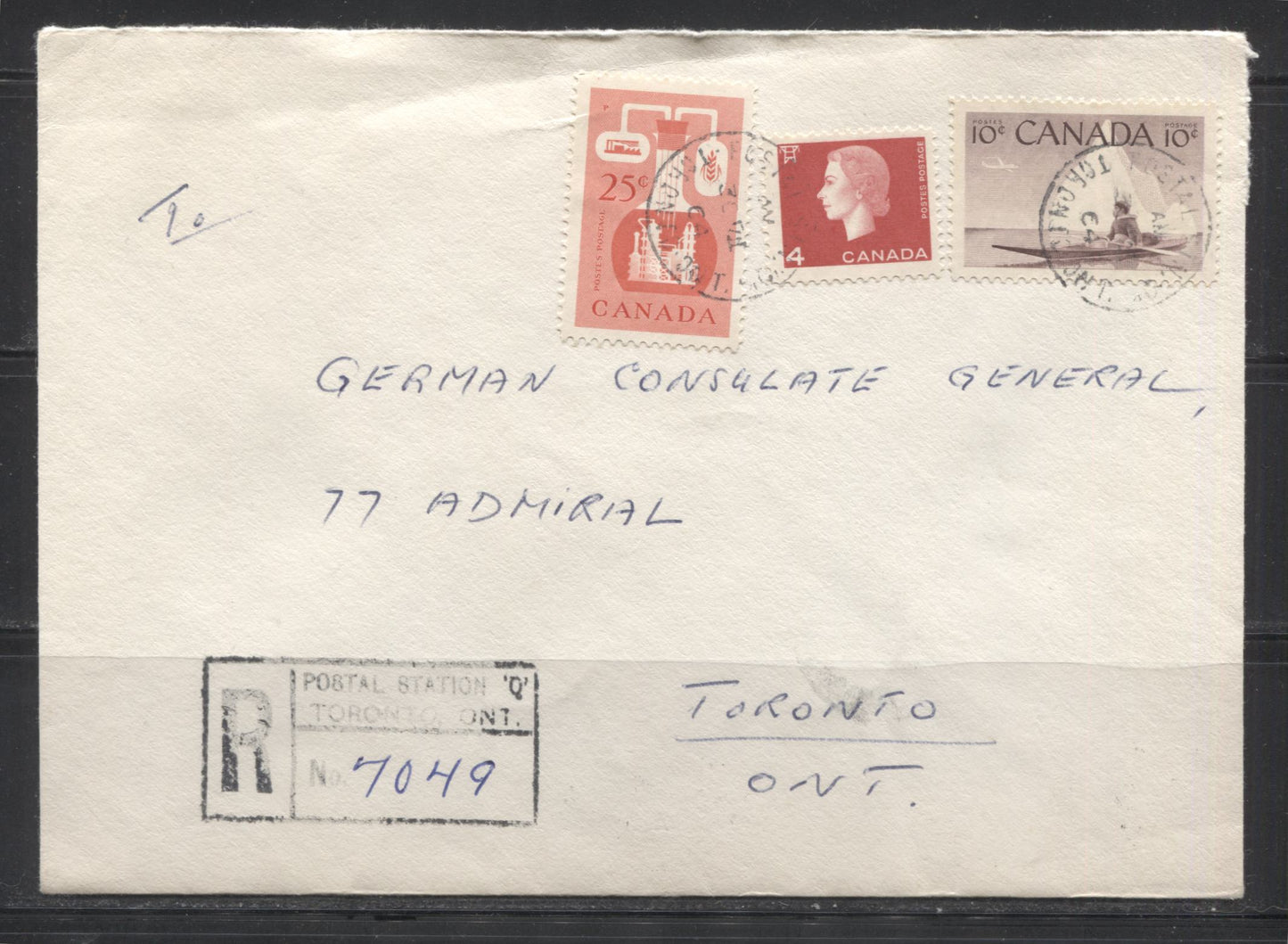 Canada #351/404 10c Purple Brown - 4c Red Queen Elizabeth, Inuk & Chemical Industry, 1955-1967 Wilding Issue & 1962-67 Cameo Issue,  July 1964 39c Local Registered Cover Sent Within Toronto
