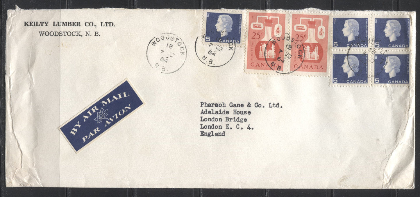 Canada #363, 405 25c Vermilion & 5c Violet Blue Chemical Industry & Queen Elizabeth II, 1956-1967 Wilding Issue & 1962-1967 Cameo Issue, August 1964 Qunituple Airmail Cover From Woodstock, NB to UK