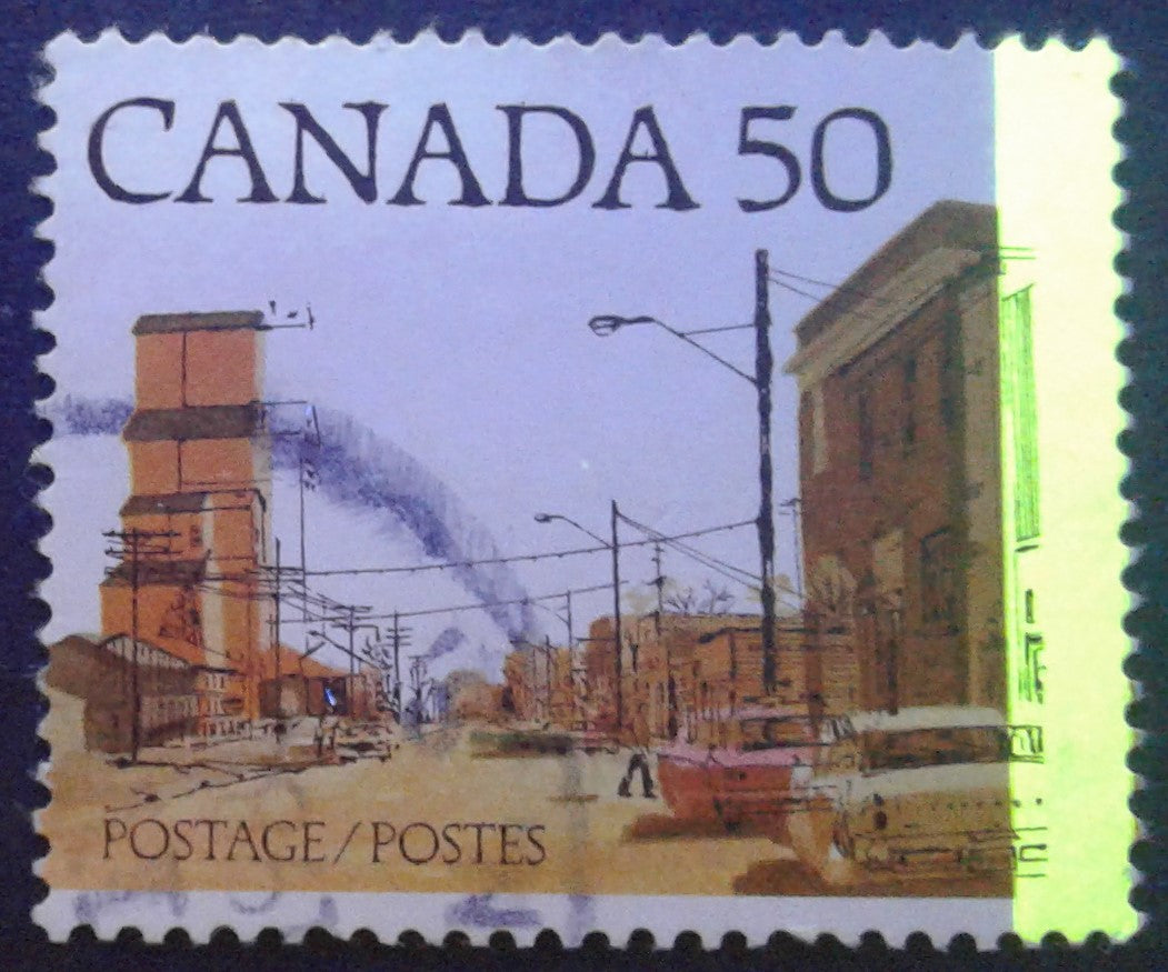 Canada #723AT3 50c Multicoloured Prairie Street Scene, 1977-1982 Floral & Environment Issue, a Fine Used Example Showing G1aR Tagging Error and Shifted Engraving