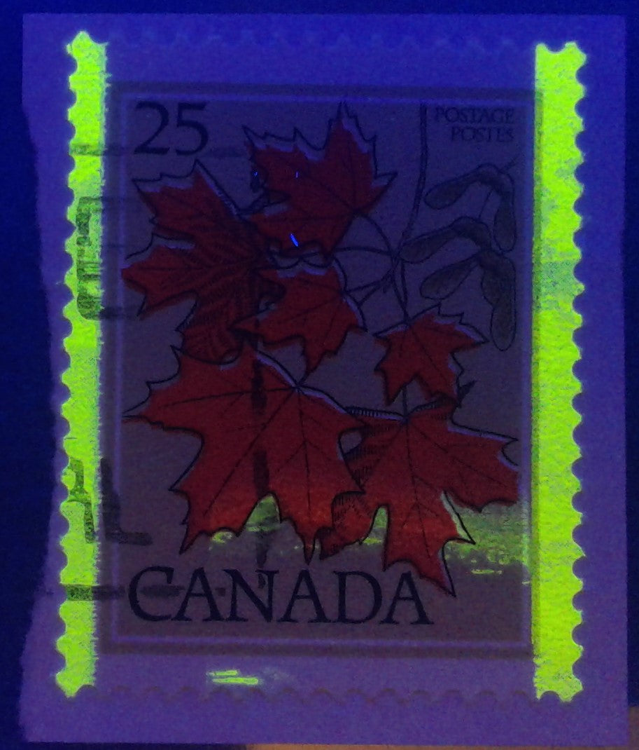 Canada #719T5 25c Multicoloured Sugar Maple, 1977-1982 Floral & Environment Issue, a VF Used Single on Piece With 3 mm Partial Horizontal Tag Bar at Base