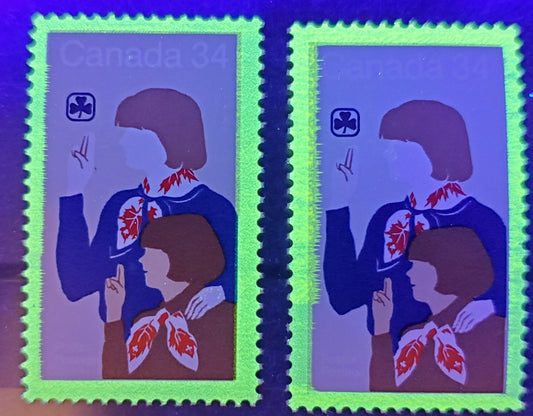 Canada #1062var 34c Multicoloured, Girl Guides Issue, One Fine and One VFNH Single, One Showing The Tagging Smudged at Left