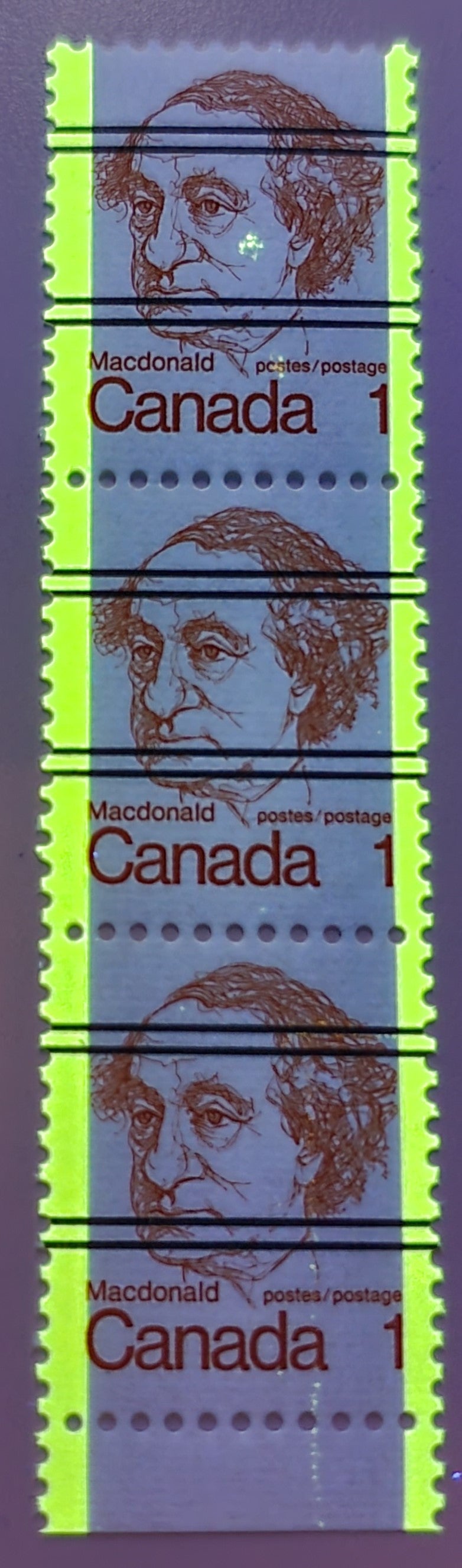 Canada #586xxii (SG#693) 1c Macdonald 1972-1978 Caricature Issue Precancel Horizontal Ribbed Type 1 Tagging Flaws VF-80 NH