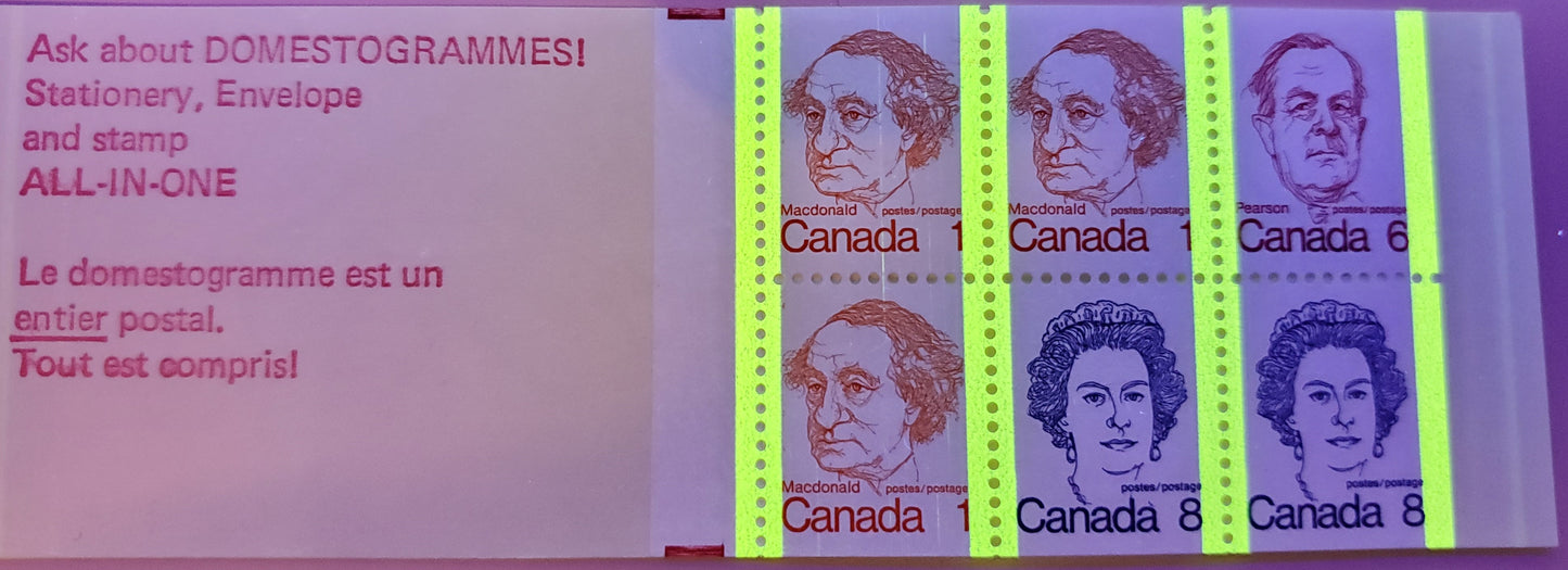 Lot 18 Canada  McCann #74gvar 1972-1978 Caricature Issue A complete 25c Booklet, NF Argus Subhunter Cover, Clear Sealer, DF 70 mm Pane, Extra Hairline Tag Bar Through Left 1c Stamps