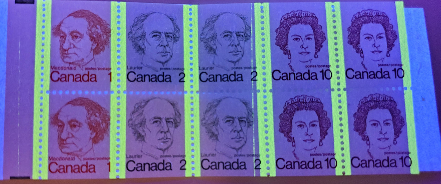 Lot 84 Canada McCann #BK76lvar 1972-1978 Caricature Issue, A Complete 50c Booklet, HB Argus Subhunter Cover, Clear Sealer, DF-fl 110 mm Pane, Extra Hairline Tag Bar Down 1/3 and 2/3 and "Bees Around Queen"