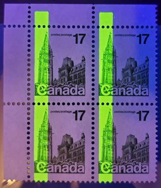 Lot 310 Canada #790T10 17c Dark Green Parliament Buildings, 1977-1982 Floral & Environment Issue, A Very Fine NH UL Block of 4 Showing G2aC Tagging Error Shifted Downward, on NF Paper With Invisible Tagging