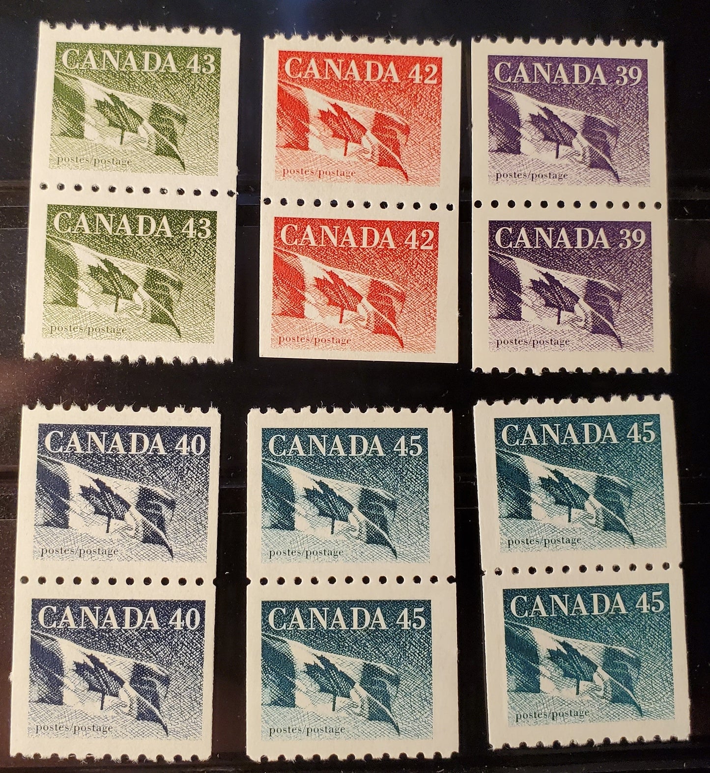 Lot 276 Canada #1194B-C, 1394-1396, 39c - 45c Flags, 1988-1991 Fruit and Flag Issue, 6 VFNH Coil Pairs, All Different Papers