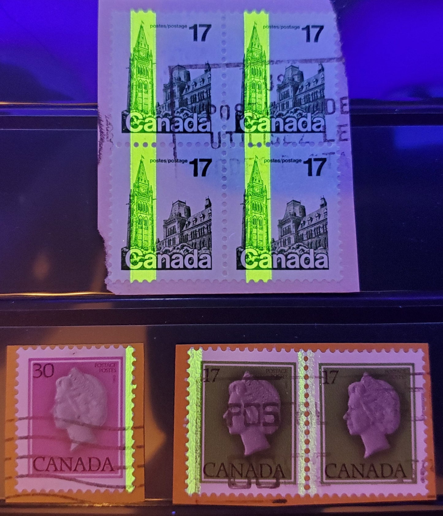 Lot 316 Canada #789-791 17c & 30c Green & Black - Deep Magenta & Black Queen Elizabeth II & Houses Of Parliament, 1977-1982 Environment Definitives, 3 Very Fine Used Singles, Pair & Block Of 4  With Tagging Errors