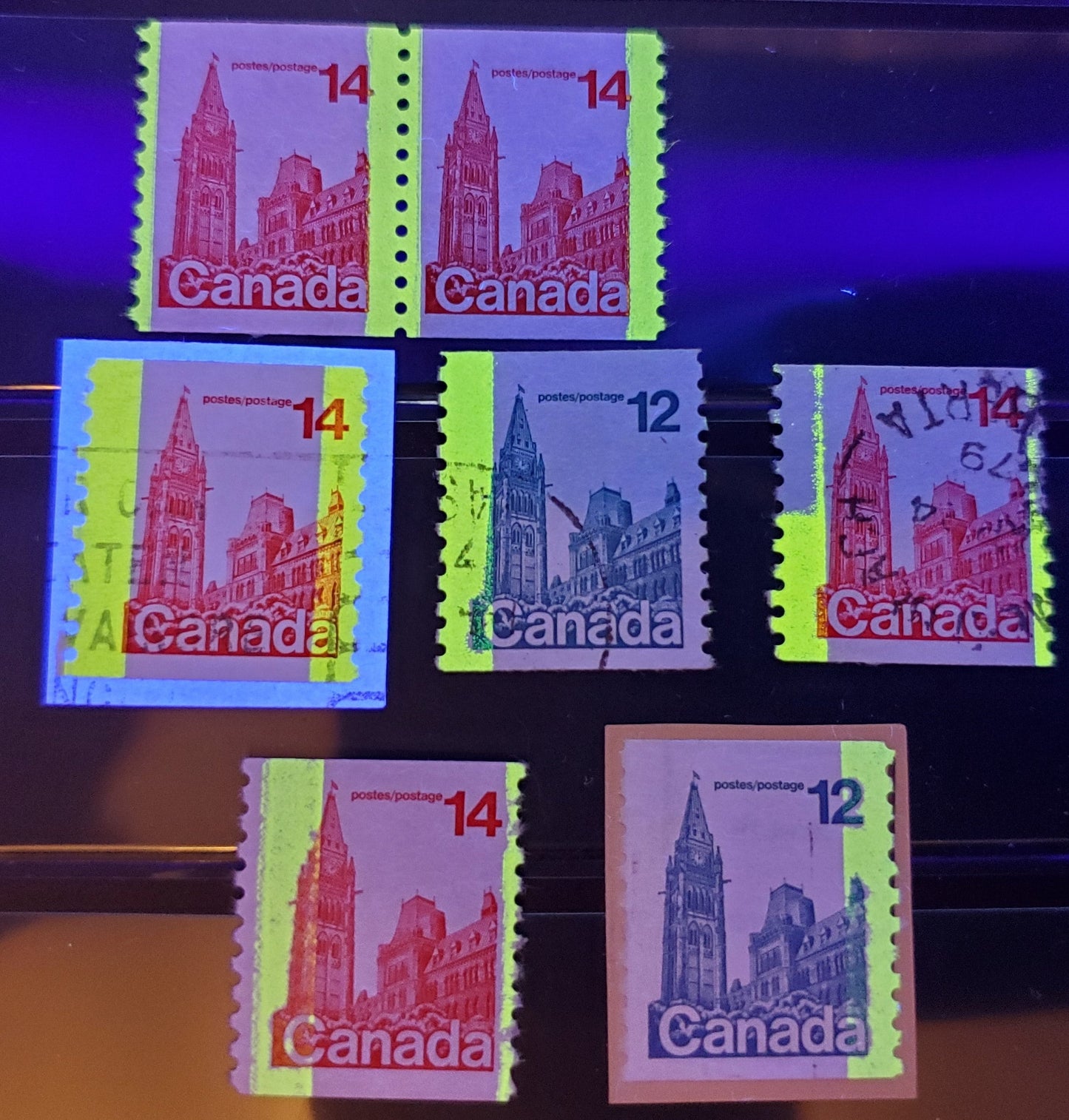 Lot 317 Canada #729-730 12c & 14c Blue & Red Houses Of Parliament, 1977-1982 Environment Definitive Coils, 5 Fine and Very Fine Used Singles With Tagging Errors