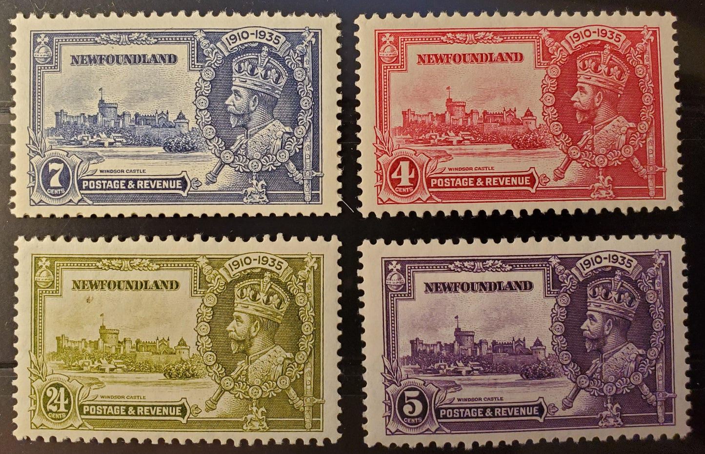 Lot 345 Newfoundland #226-229 4c - 24c Bright Rose - Olive Green KGV & Windsor Castle, 1935 Silver Jubilee Issue, 4 VFOG Singles