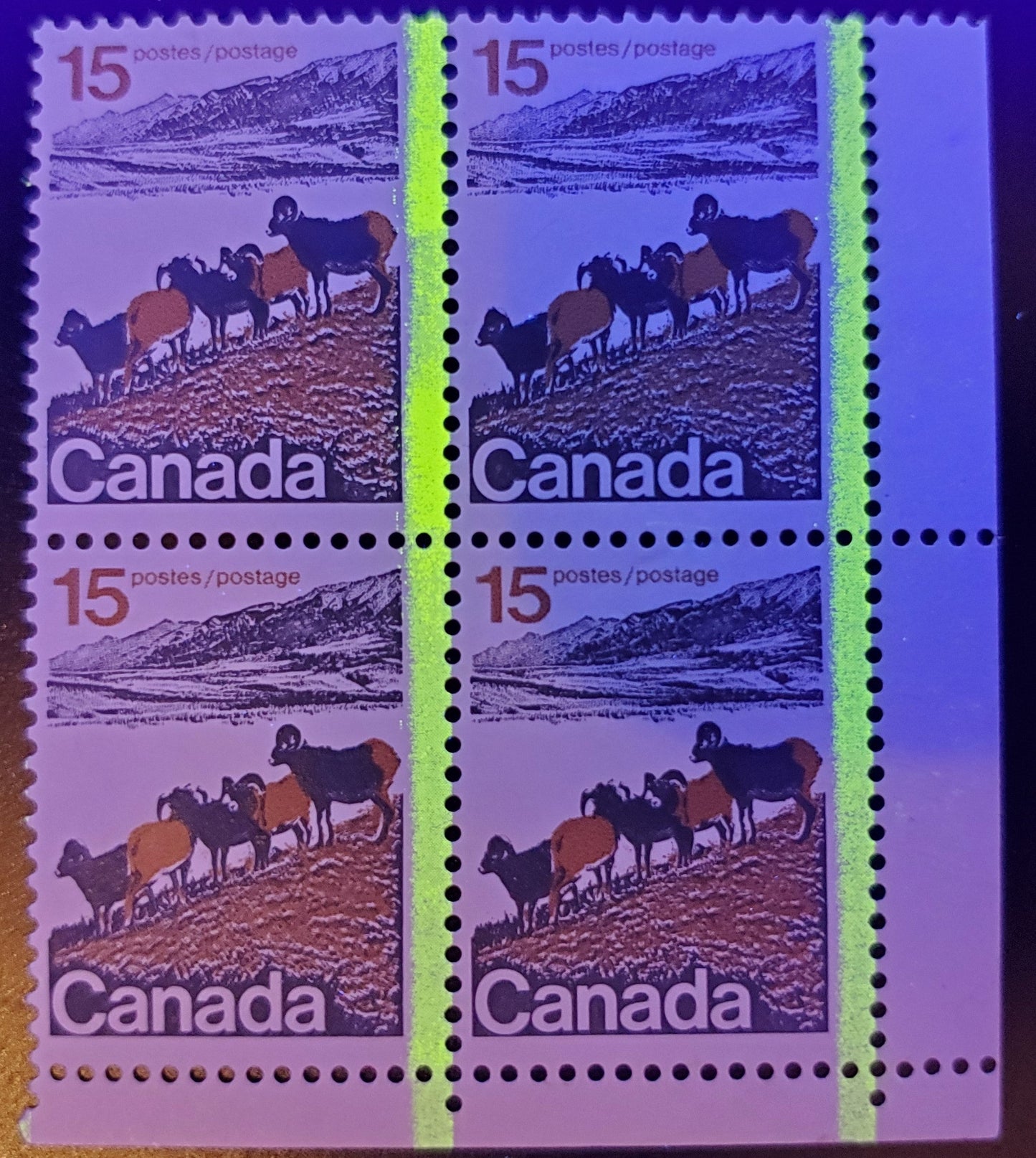 Lot 397 Canada #595i 15c Multicoloured Mountain Sheep, 1972-1978 Caricature and Landscape Issue, A Fine NH/OG LR Corner Block of 4On LF/LF Paper, 1 Bar Tagging Error