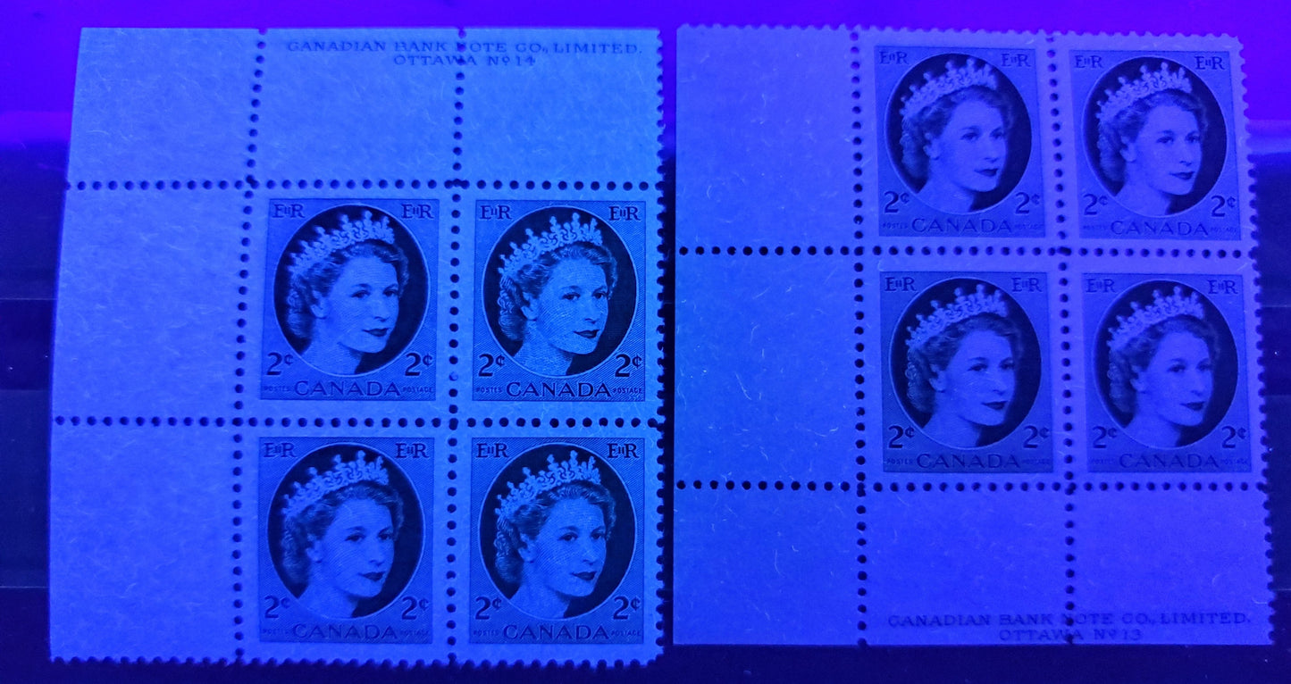 Lot 80 Canada #338iii 2c Green Queen Elizabeth II, 1954 Wilding Issue, A VFNH UL Plate 14 Block Of 4 On The Rare High Fluorescent Vertical Ribbed Paper