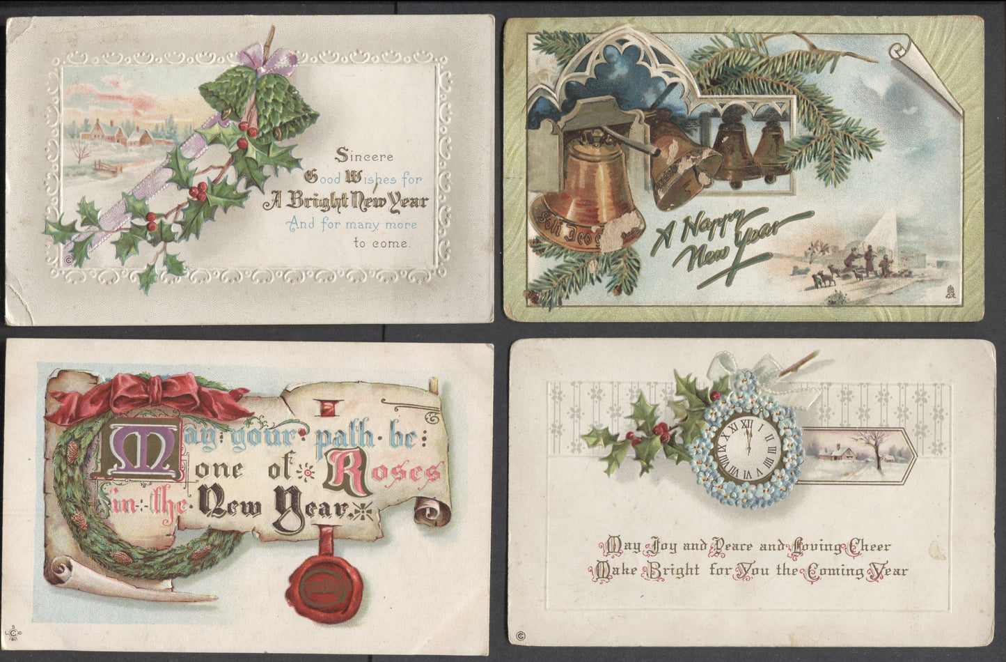 Lot 6 Group of 9 1910's New Years Postcards, Variety Of Designs, Some Embossed, 2 Stamped, Net Est. $3