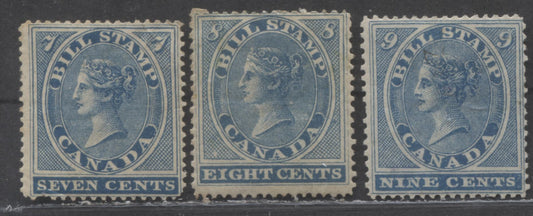 Lot 66 Canada #FB7-FB9 7c - 9c Blue Queen Victoria, 1864 First Bill Issue, 3 VG/FOG & Unused Singles, Perfs 13.5 & 13.5 x 12.5