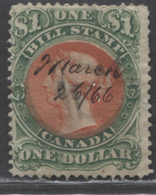 Lot 73 Canada #FB34 $1 Green & Carmine Queen Victoria, 1865 Second Bill Issue, A Very Good Used Single