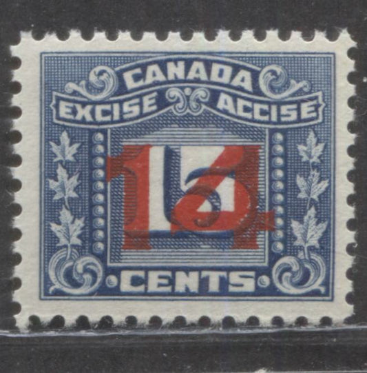 Lot 81 Canada #FX116 14 On 15c Blue 3 Leaf Excise, 1934-1948 Surcharged Three Leaf Excise Tax, A VFNH Single, With Cream Gum