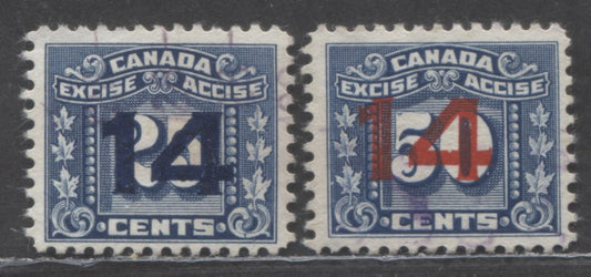 Lot 82 Canada #FX117-118 14 on 25c and 50c Blue, 1934-1948 Surchaged Three Leaf Excise Tax Issue, 2 Very Fine Used Singles