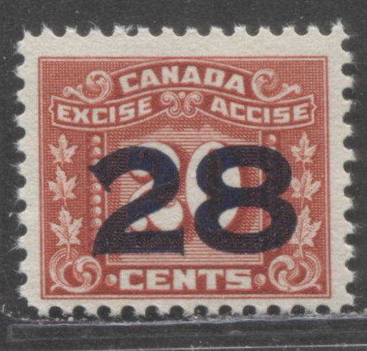 Lot 86 Canada #F135 28c on 20c Red, 1934-1948 Surcharged Three Leaf Excise Tax, A FNH Single, Yellowish Cream Gum