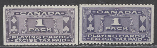 Lot 87 Canada #FPC1 1c Purple, 1947 Playing Card Stamp, 2 Very Fine Used Singles, Two Shades