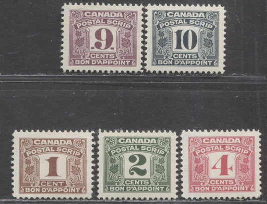 Lot 88 Canada #FPS23-24, FPS26, FPS31-32 1c - 10c Brown - Slate, 1967 Second Postal Scrip Issue, 5 VFNH Singles