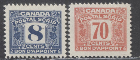 Lot 89 Canada #FPS30, FPS38 8c & 70c Blue & Salmon, 1967 Second Postal Scrip Issue, 2 FNH Singles