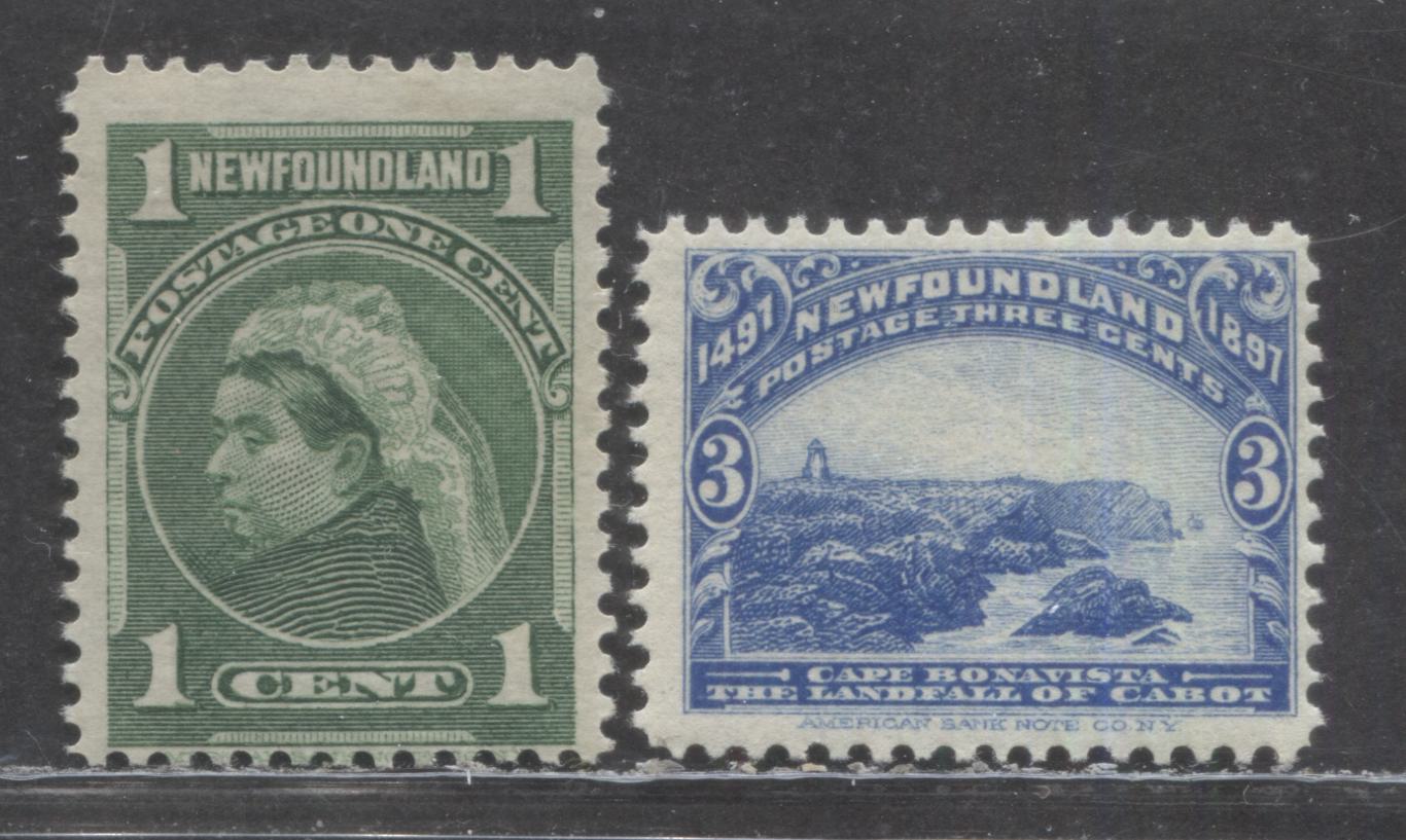 Lot 143 Newfoundland #63, 80 1c & 3c Ultramarine & Yellow Green Cape Bonavista & Queen Victoria, 1897-1901 Cabot & Royal Family Issues, 2 FNH Singles