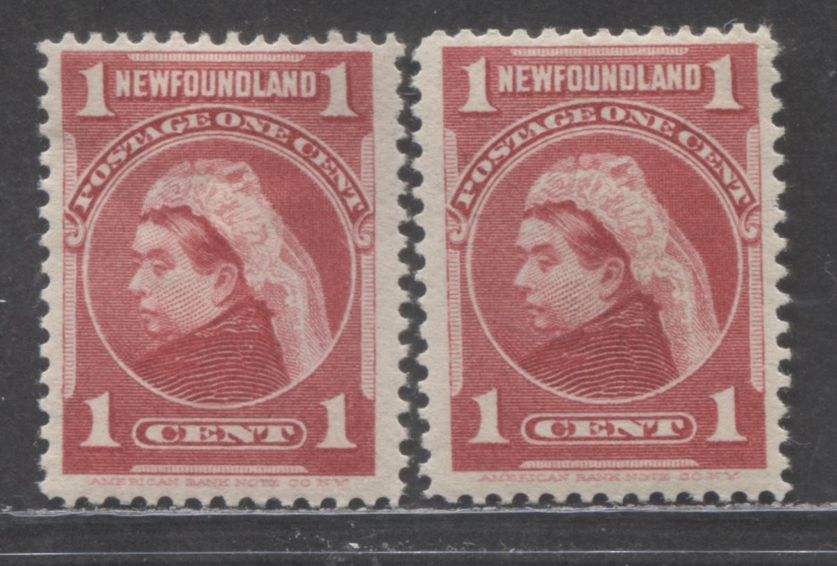 Lot 143A Newfoundland #79 1c Carmine Rose Queen Victoria, 1897-1901 Royal Family Issue, 2 FOG Singles, Slightly Different Shades