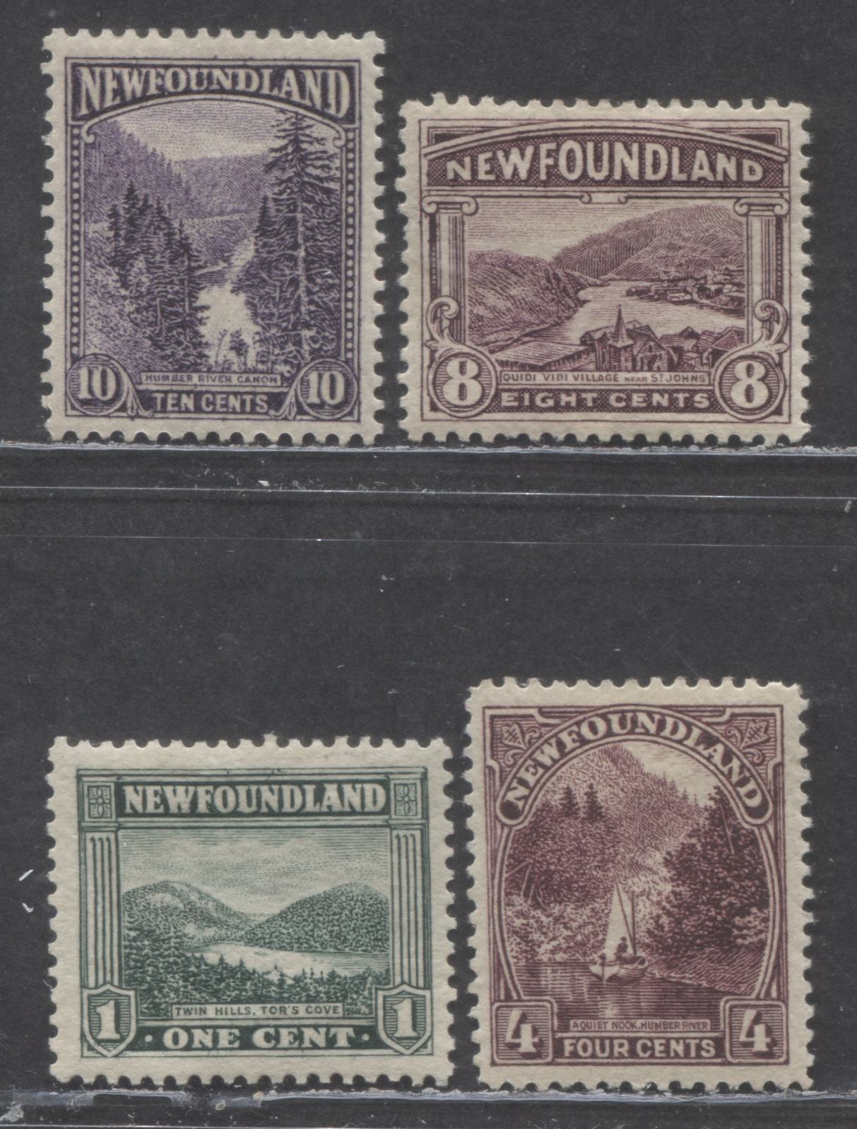 Lot 181 Newfoundland #131, 134, 137, 139 1c - 10c Gray Green - Dark Violet Twin Hills - Humber River Canyon, 1923-1924 Pictorial Issue, 4 VFOG Singles, Line And Comb Perfs