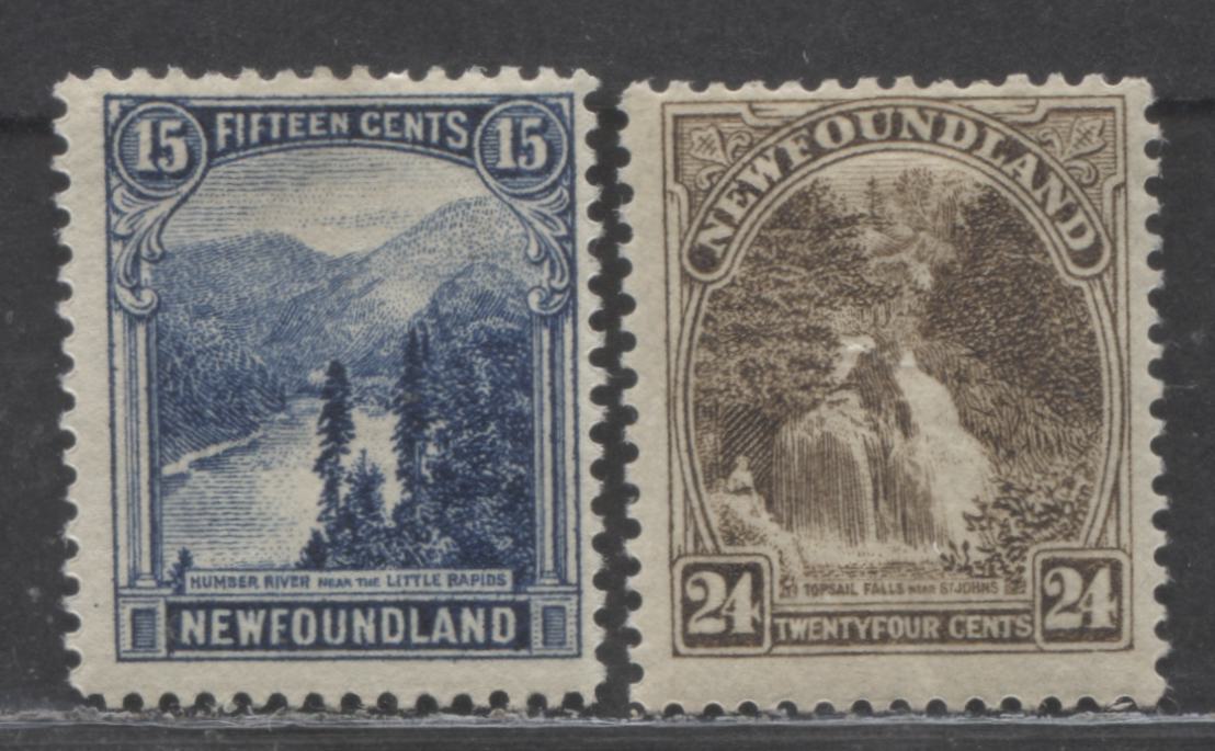 Lot 185 Newfoundland #142, 144 15c & 24c Deep Blue & Black Brown Little Rapids & Topsail Falls, 1923-1924 Pictorial Issue, 2 FOG Singles, Line Perf 14