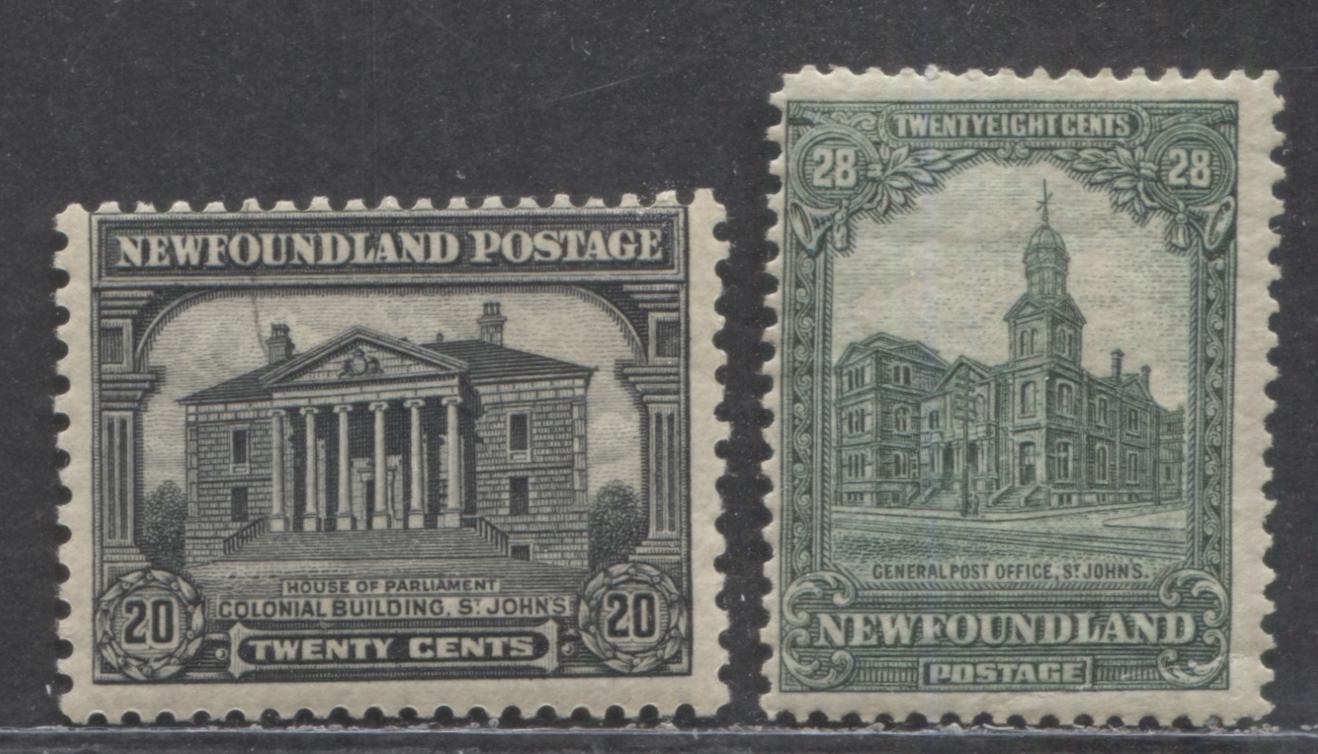Lot 192 Newfoundland #157-158 20c & 28c Gray Black & Gray Green Colonial Building & General Post Office, 1928 Pictorial Issue, 2 VG/FOG Singles, Line Perf 14 & Perf 13.5 x 12.75