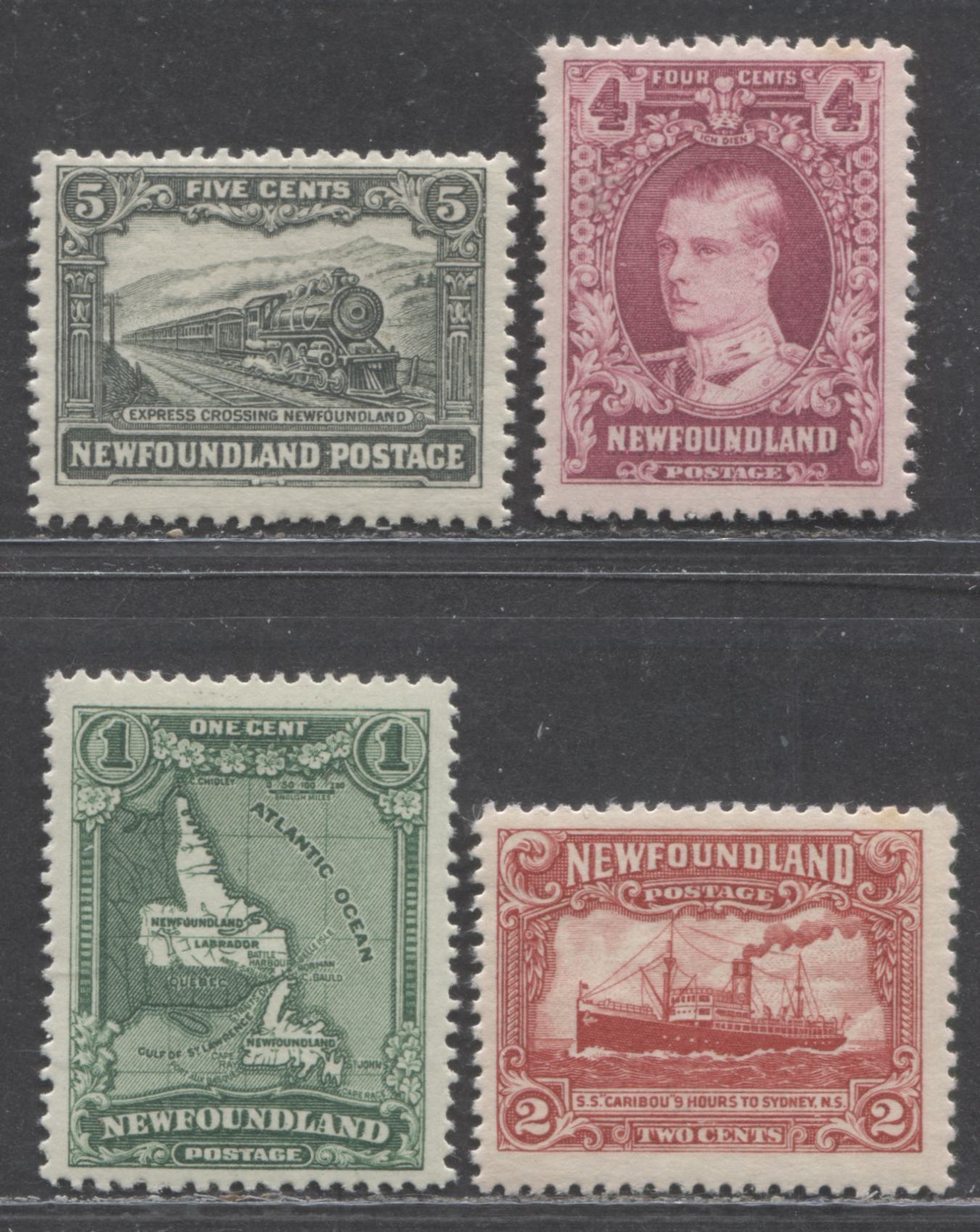Lot 196 Newfoundland #163-164, 166-167 1c - 5c Green - Slate Green Map Of Newfoundland - Express Train, 1929-1931 Re-Engraved Pictorial Issue, 4 FOG Singles, Line Perfs 14, 14 x 13.6, 13.6 x 13.9 & 13.8