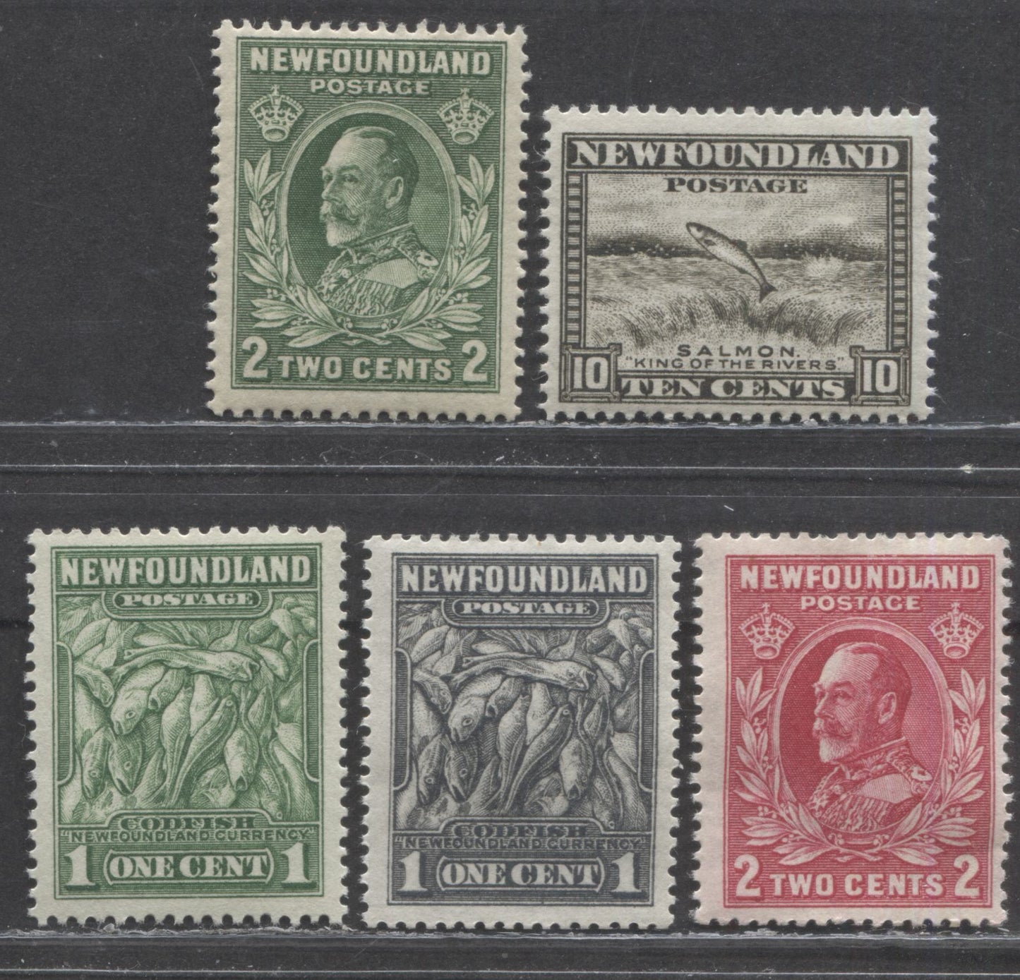 Lot 207 Newfoundland #183-186, 193 1c - 10c Green - Olive Black Codfish - Salmon Leaping, 1932-1937 Definitive Issues, 5 F/VFNH Singles