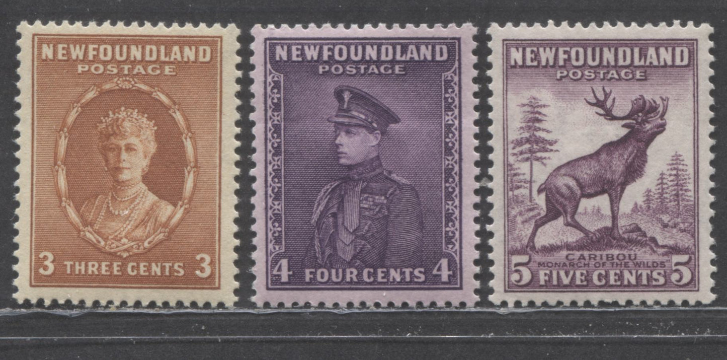 Lot 208 Newfoundland #187, 188, 191 3c - 5c Orange Brown & Deep Violet Queen Mary, Prince Of Wales & Caribou, 1932-1937 Definitive Issues, 3 VFNH Singles