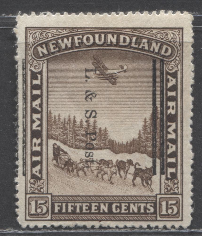 Lot 212 Newfoundland #211 15c Brown Dog Sled & Airplaine, 1933 Land & Sea Post Overprint, A FOG Single, Line Perf 13.8