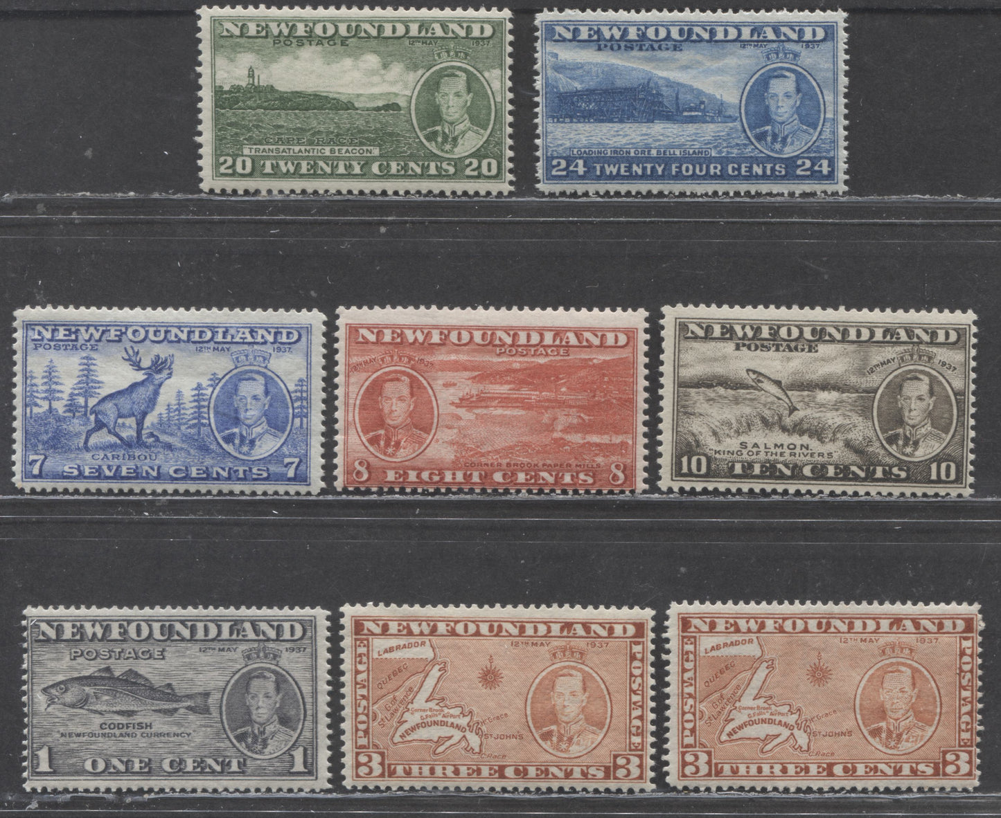 Lot 224 Newfoundland #233, 234a,g, 235-237, 240, 241 1c - 24c Gray Black - Light Blue Codfish - Loading Ore, 1937 Long Coronation Issue, 8 FOG Singles, Various Perfs