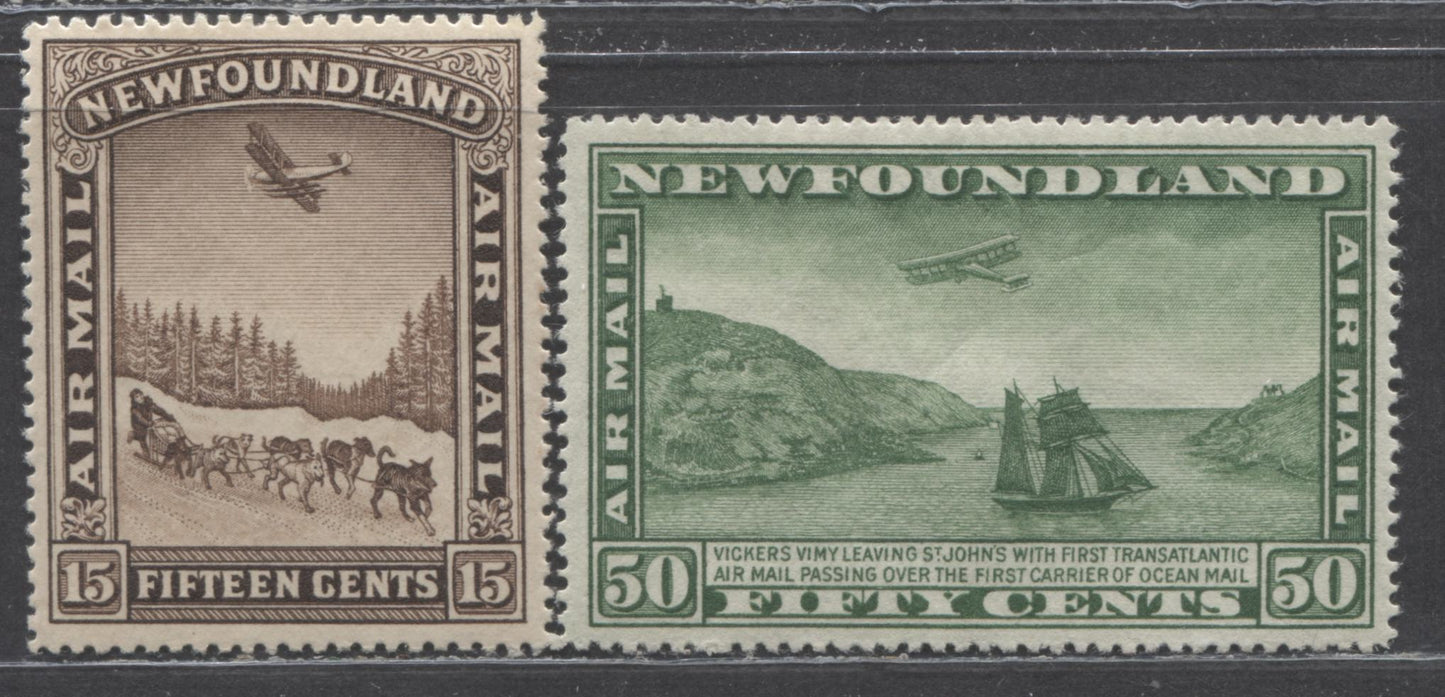 Lot 234 Newfoundland #C6, C10 15c & 50c Brown & Green Dog Sled & Airplaine And Airplane & Packet Ship, 1931 Airmail Issues, 2 VFOG Singles