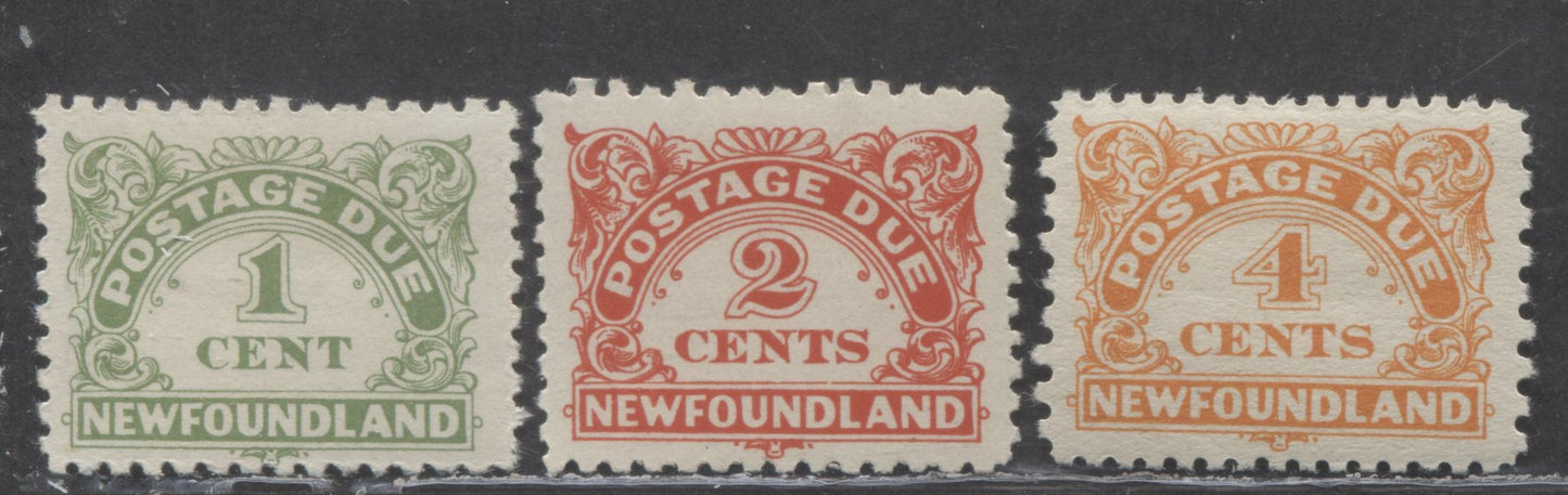 Lot 243 Newfoundland #J1a, J2, J4 1c, 2c & 4c Yellow Green, Vermillion & Yellow Orange , 1939 Postage Dues, 3 VFOG Singles