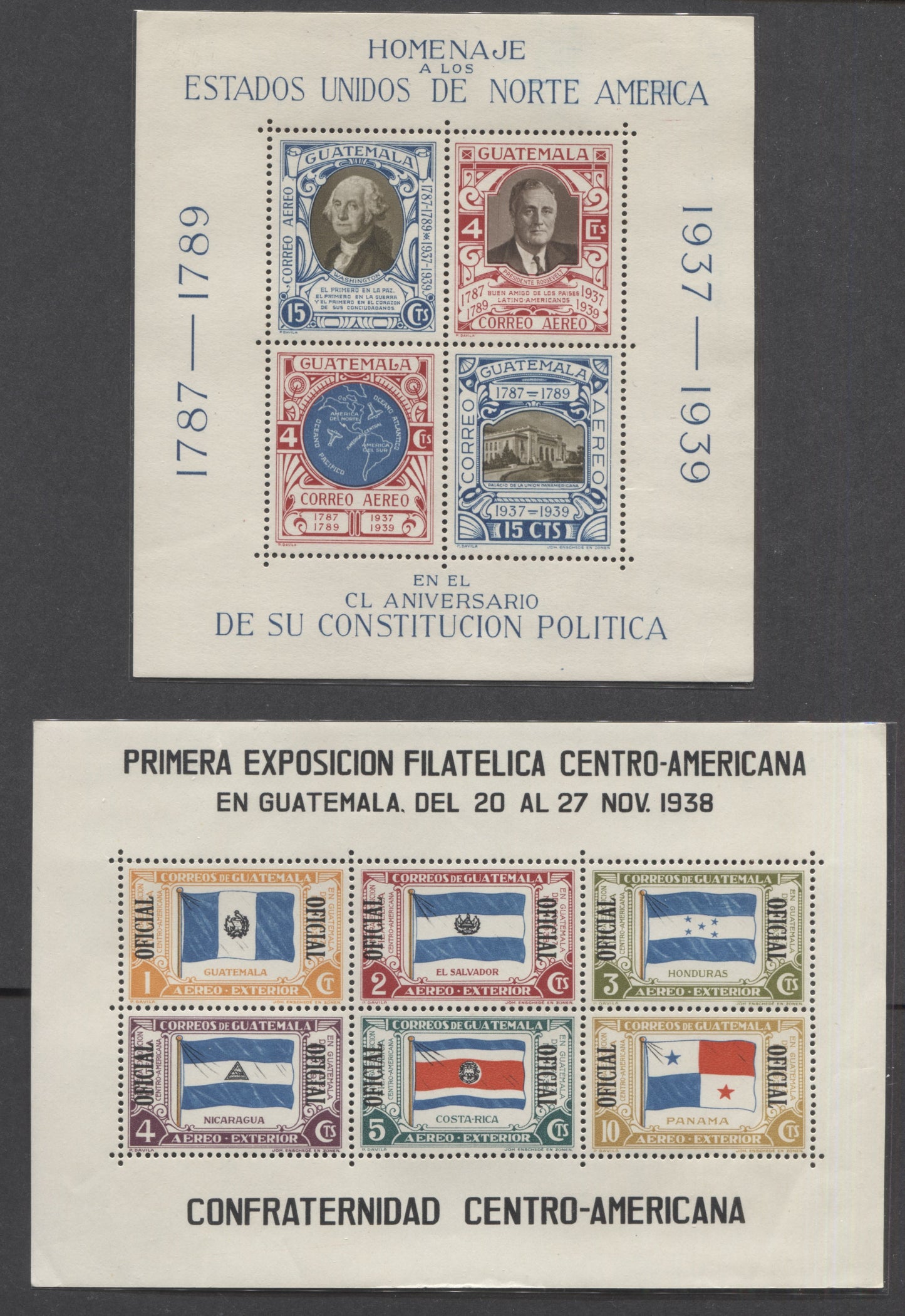 Lot 314 Guatemala SC#C92/CO7 1938-1939 Airmail & Airmail Officials, 2 VFNH & LH Souvenir Sheets, Click on Listing to See ALL Pictures, 2022 Scott Classic Cat. $13 USD