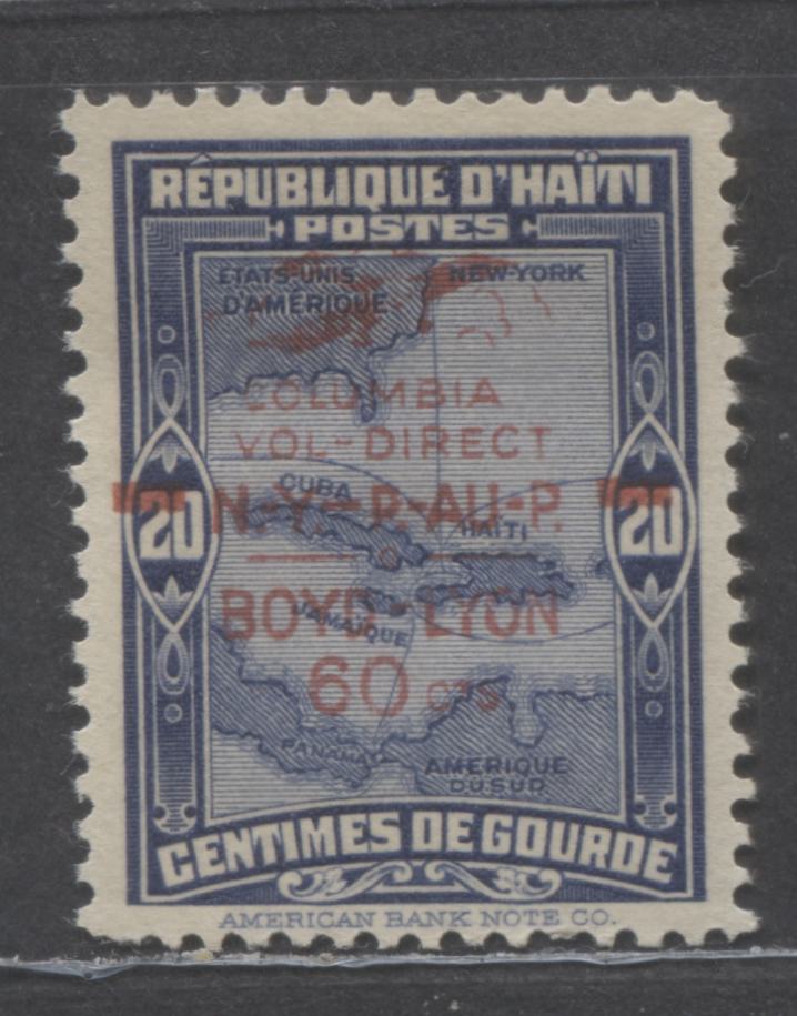 Lot 329 Haiti SC#C4A 60c On 20c Blue 1933 Boyd-Lyon Flight, Red Overprint, FOG Example, Click on Listing to See ALL Pictures, Estimated Value $35 USD
