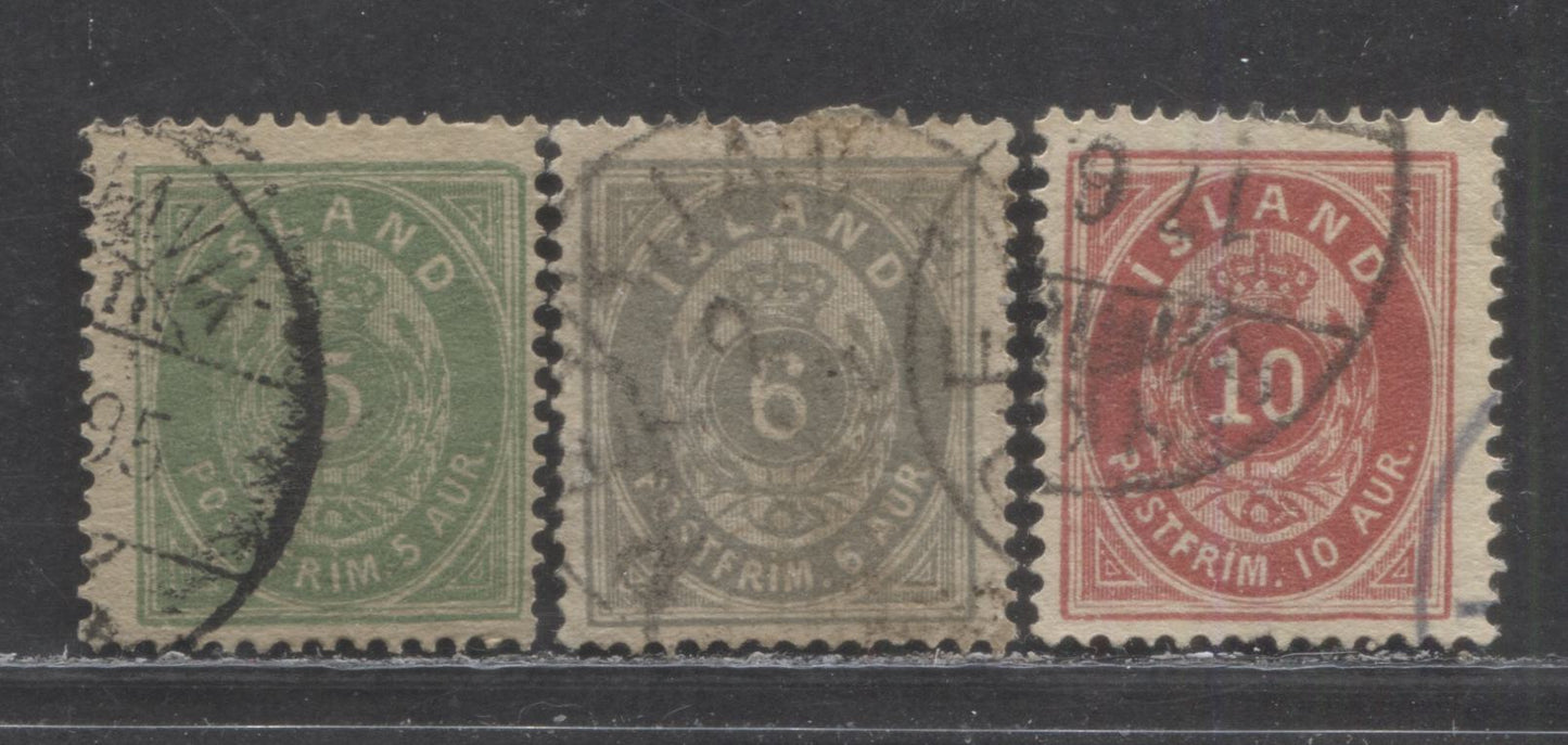 Lot 349 Iceland SC#10/16 1876-1882 Numeral Issue, Perf 14 x 13.5, 3 Very Good/Fine Used Singles, Click on Listing to See ALL Pictures, Estimated Value $15 USD