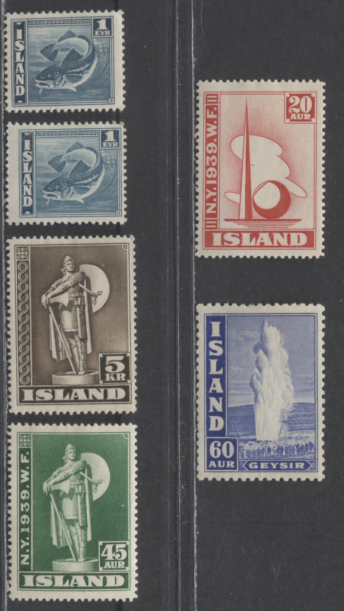 Lot 355 Iceland SC#208c/277a 1938-1945 Definitives & NY World's Fair, 6 F/VFOG Singles, Click on Listing to See ALL Pictures, 2022 Scott Classic Cat. $35.45 USD
