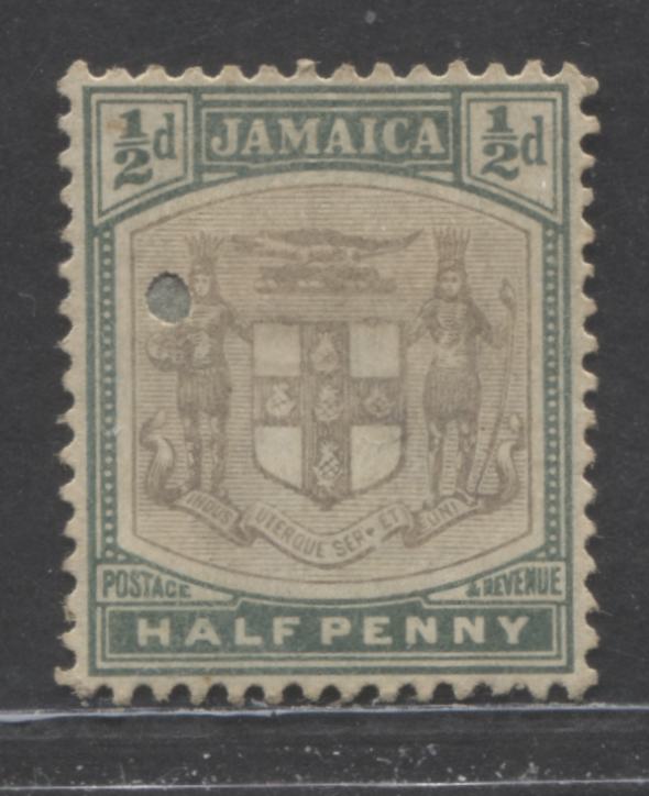 Lot 414 Jamaica SC#37b 1/2d Green 1905-1911 Arms Issue, Servet Flaw With Security Punch, A VFOG Example, Click on Listing to See ALL Pictures, 2022 Scott Classic Cat. $32.5 USD
