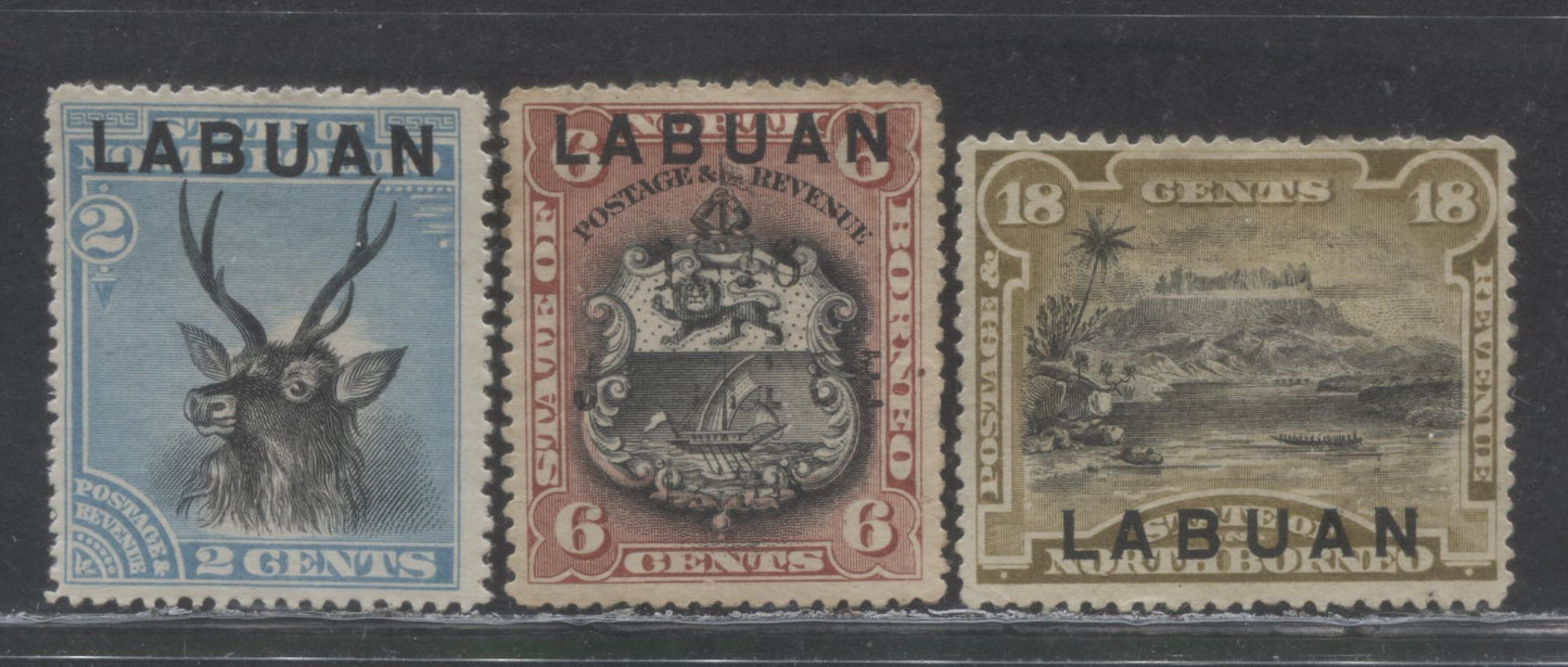 Lot 432 Labuan SC#50/56a 1894 Overprinted Waterlow Pictorial, Perf 14.5 - 15, 3 FOG Singles, Click on Listing to See ALL Pictures, Estimated Value $40 USD