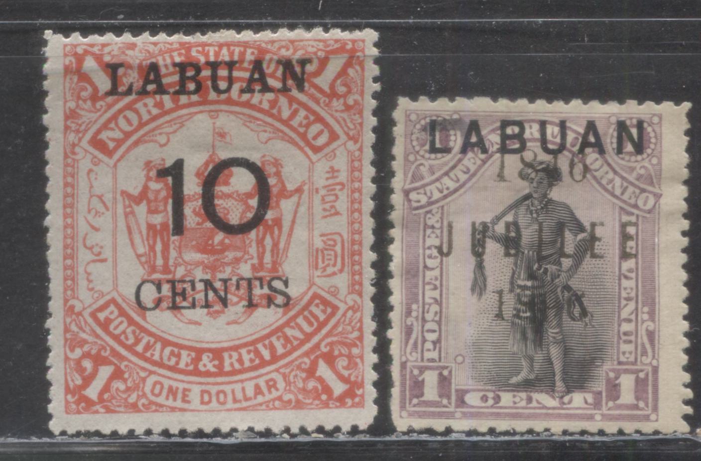 Lot 433 Labuan SC#54/66d 1895 Definitives, Perf 13.5 x 14 (1c), 2 VG/FOG Single, Click on Listing to See ALL Pictures, Estimated Value $20 USD