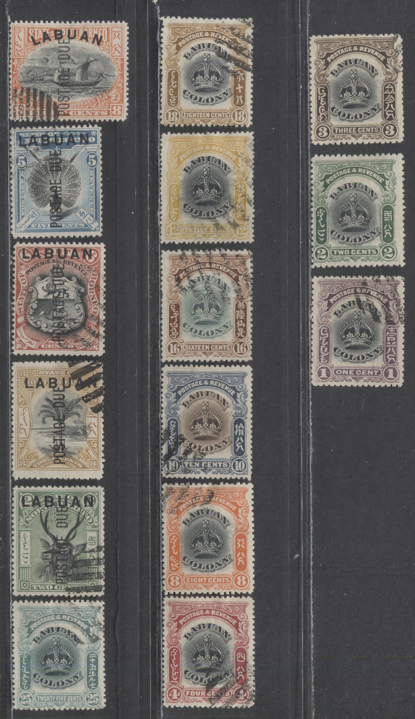 Lot 439 Labuan SC#99a/J6e 1901-1903 Crown Definitives & Postage Dues, 14 Fine/Very Fine Used Singles, Click on Listing to See ALL Pictures, 2022 Scott Classic Cat. $18.55 USD