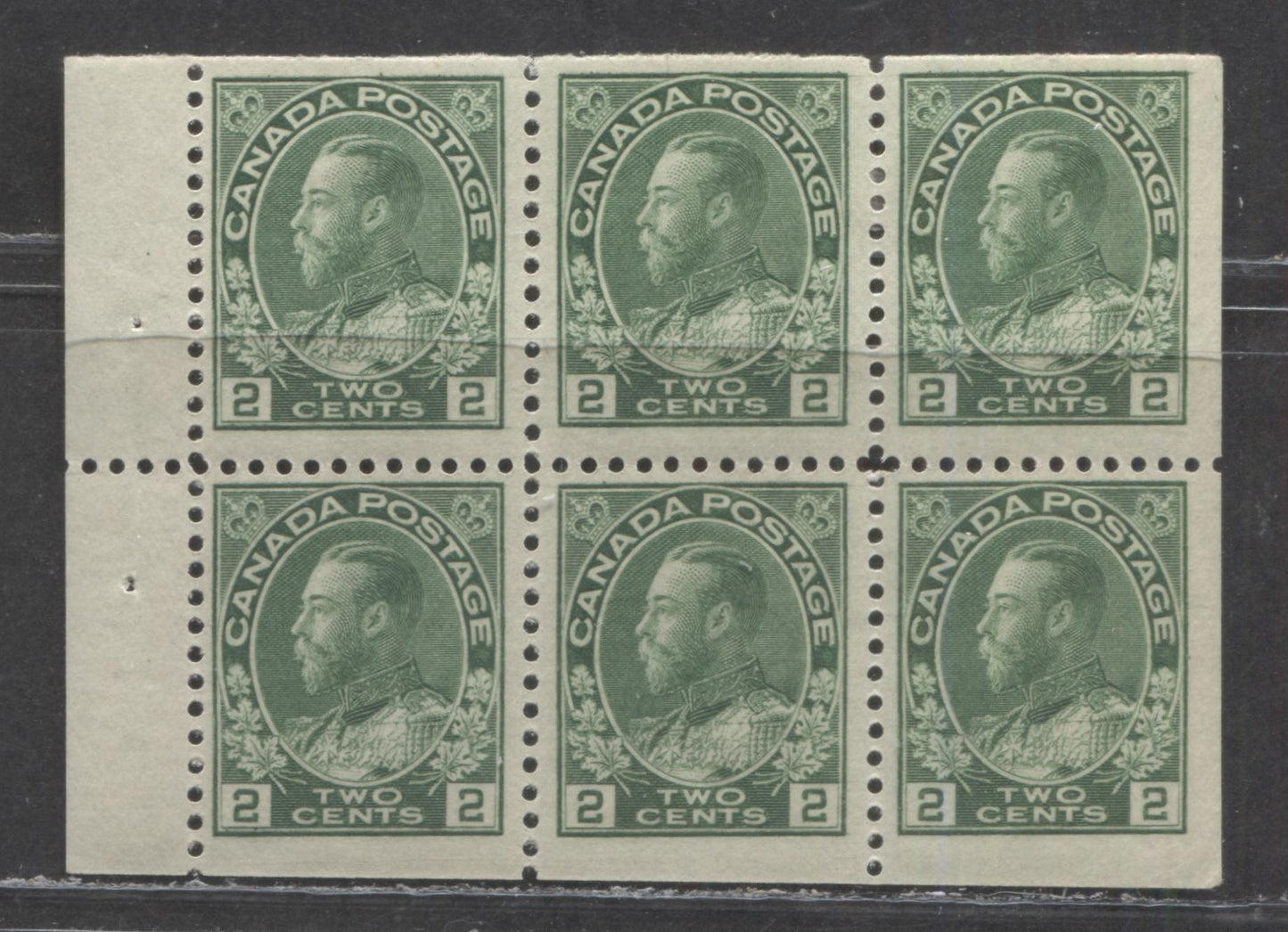 Lot 44 Canada #107c 2c Green King George V, 1911-1925 Admiral Issue, A FOG Booklet Pane Of 6 Wet Printing