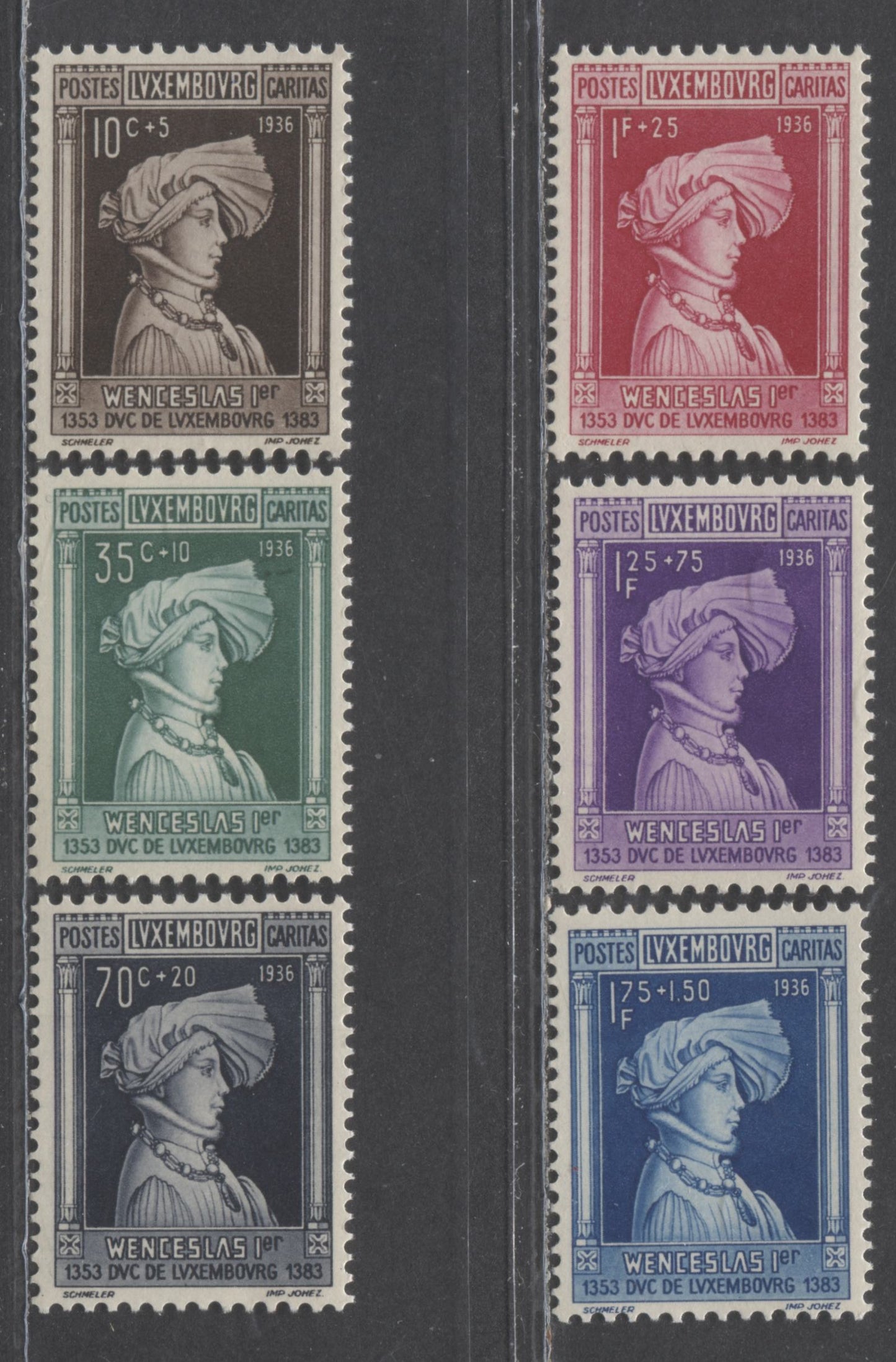 Lot 462 Luxembourg SC#B73-B78 1936 Wenceslas I Semi Postals, 6 VFNH Singles, Click on Listing to See ALL Pictures, 2022 Scott Classic Cat. $32.5 USD