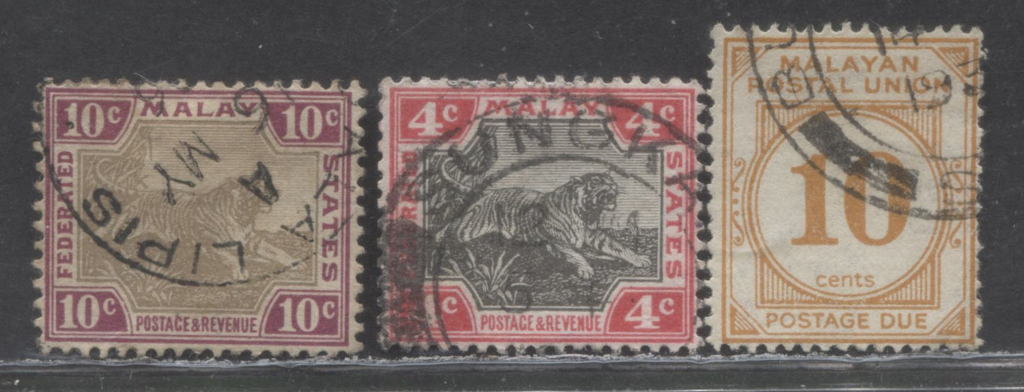 Lot 497 Malayan Postal Union SC#28/J5  1900-1926, 3 VF Used Singles, 2022 Scott Classic Cat. $22.15 USD, Click on Listing to See ALL Pictures