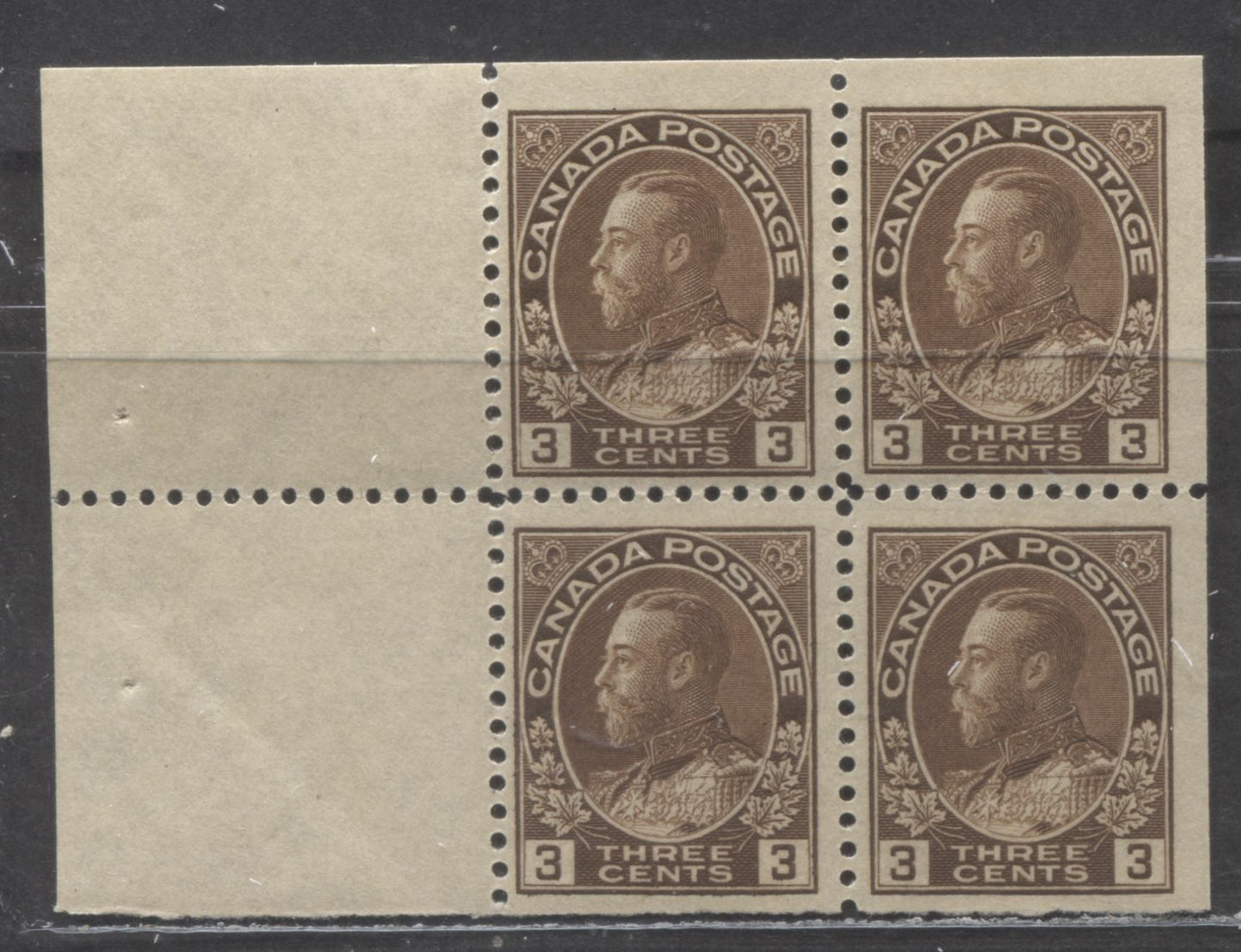 Lot 59 Canada #108a 3c Brown King George V, 1911-1925 Admiral Issue, A FNH Booklet Pane Of 4, Wet Printing