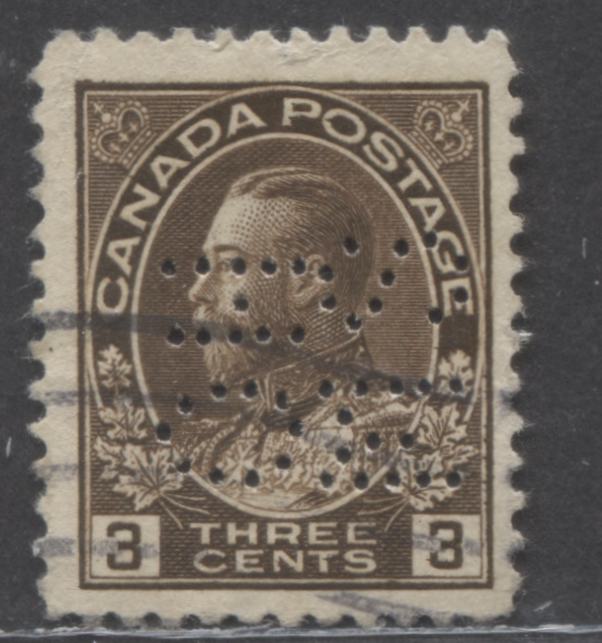 Lot 65 Canada #08-108var 3c Brown King George V, 1911-1925 Admiral Issue, A Fine Used Single, 5 Hole OHMS Perfin, Pos. E, Wet Printing